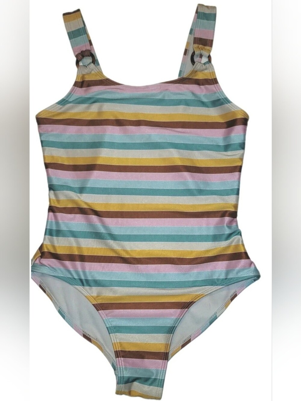Wonder Nation Girls Retro Multicolor Brown Aqua Pink Stripe 1Pc Swimsuit L 10-12